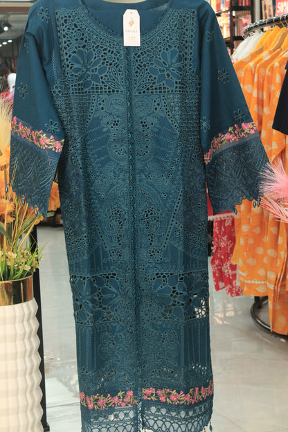 Deep Teal Embr 3Pcs Suit with Chiffon Dupatta