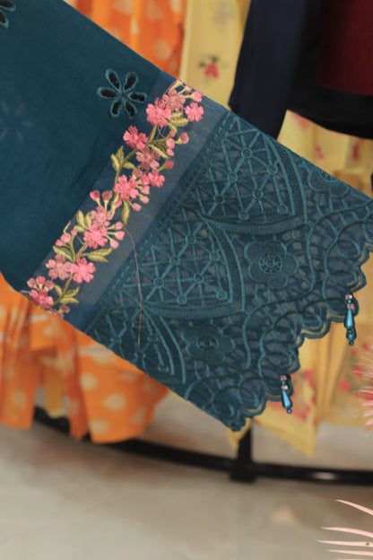 Deep Teal Embr 3Pcs Suit with Chiffon Dupatta