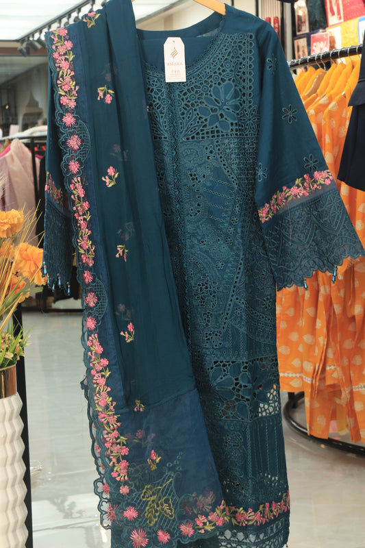 Deep Teal Embr 3Pcs Suit with Chiffon Dupatta