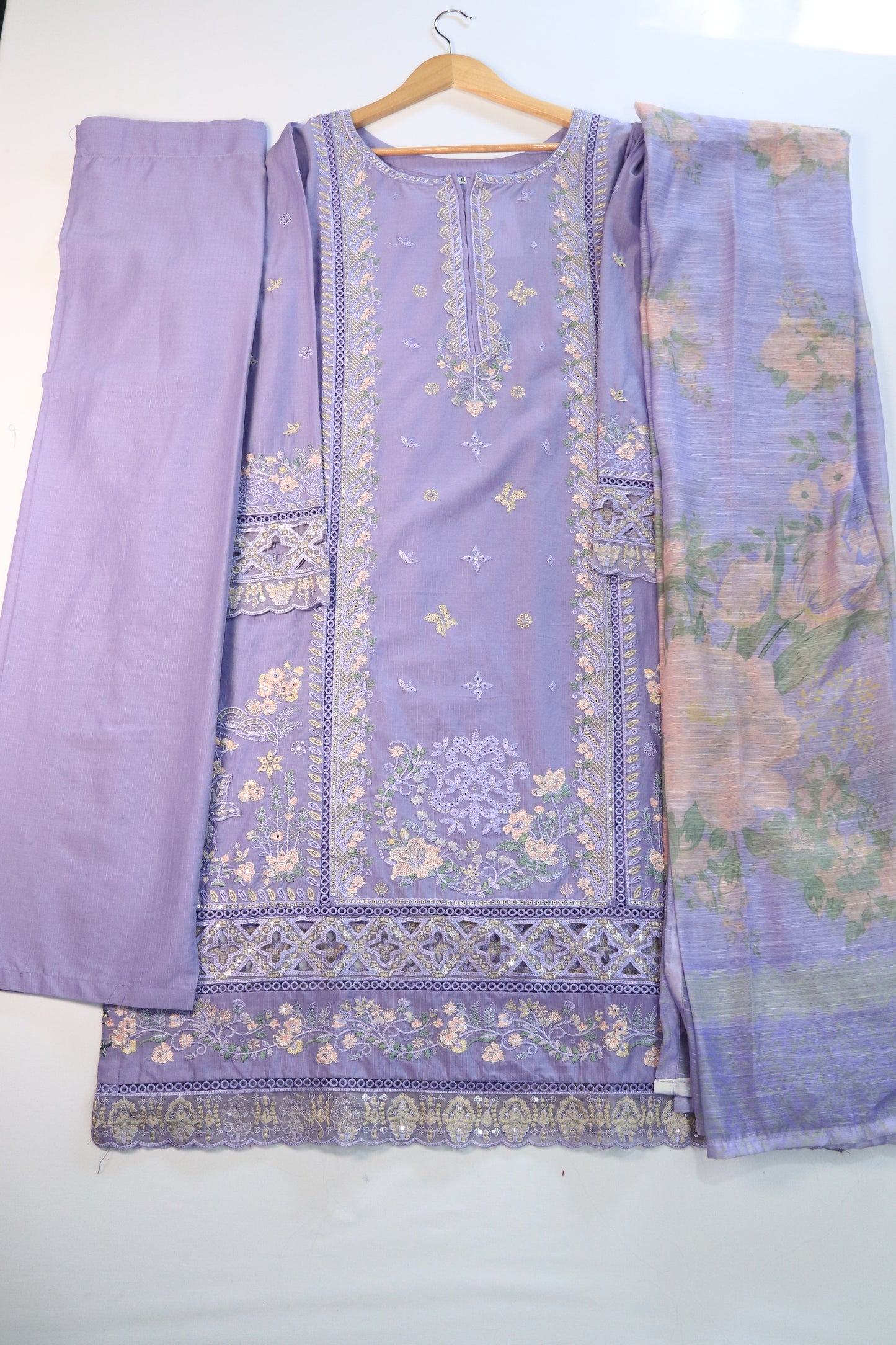 Emb 3Pcs Suit with Floral Dupatta.