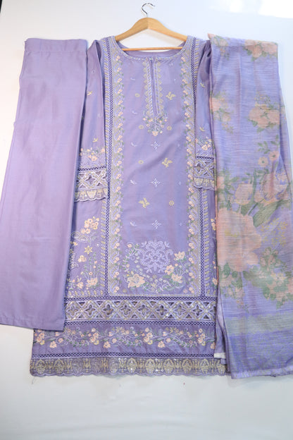 Emb 3Pcs Suit with Floral Dupatta.