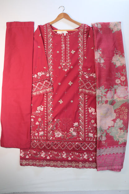 Emb 3Pcs Suit with Floral Dupatta.