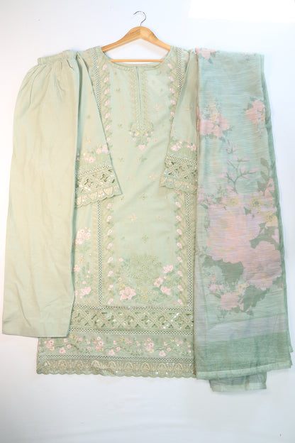 Emb 3Pcs Suit with Floral Dupatta.