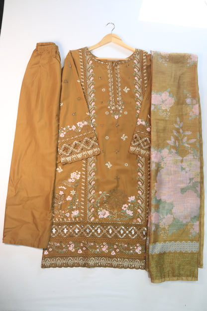 Emb 3Pcs Suit with Floral Dupatta.