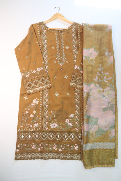 Emb 3Pcs Suit with Floral Dupatta.