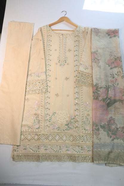 Emb 3Pcs Suit with Floral Dupatta.