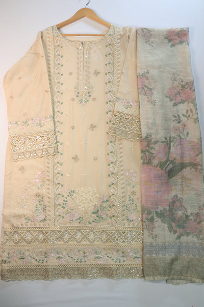 Emb 3Pcs Suit with Floral Dupatta.
