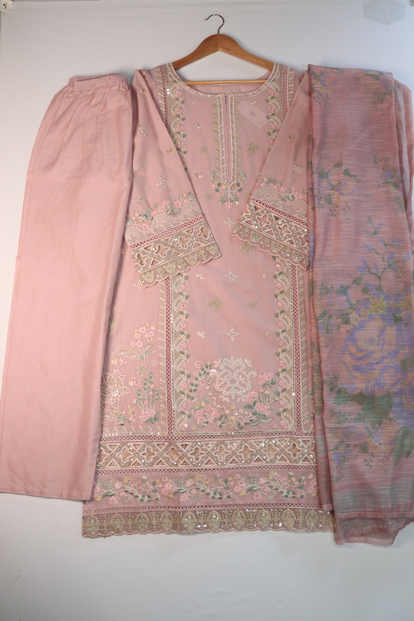 Emb 3Pcs Suit with Floral Dupatta.