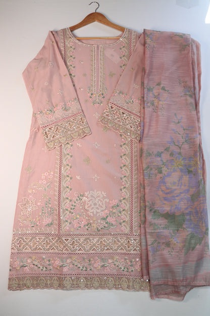 Emb 3Pcs Suit with Floral Dupatta.