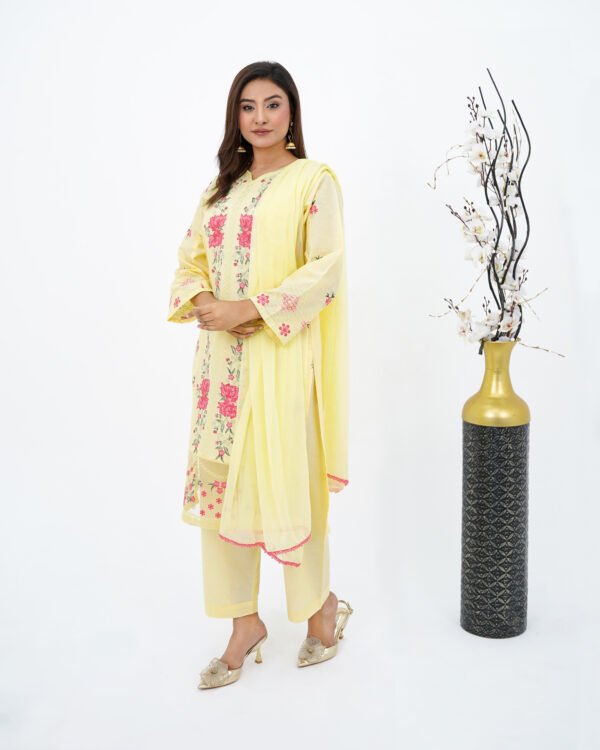 Soft Yellow Embroidered Lawn 3-Piece Suit - Image 3