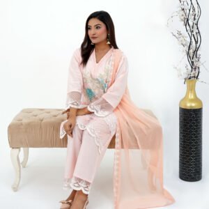 Pink Embroidered Lawn 3-Piece Suit for Women | Elegant White Thread Embroidery & Chiffon Dupatta – Asfara Fabric
