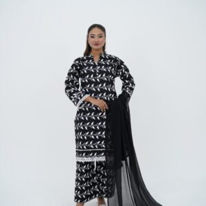 Black Printed Stitched 3-Piece Lawn Suit