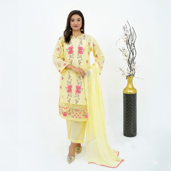 Soft Yellow Embroidered Lawn 3-Piece Suit